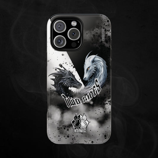 black glossy phone case with black and white dragon design and text two sides and personalized 