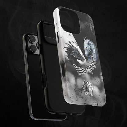 black matte phone case layer with black and white dragon design and text two sides and personalized 