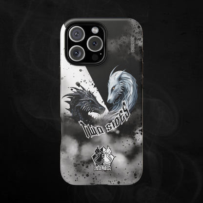 black matte phone case with black and white dragon design and text two sides and personalized 