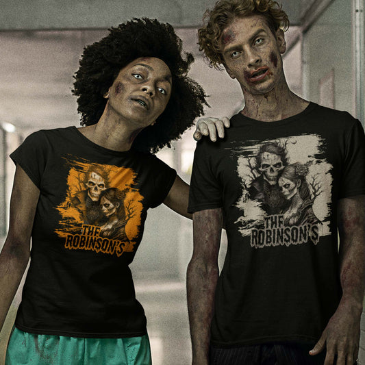 man-and-woman-wearing-a-halloween-black-t-shirt-with-two-married-zombies-and-personalized-text-with-last-name-print