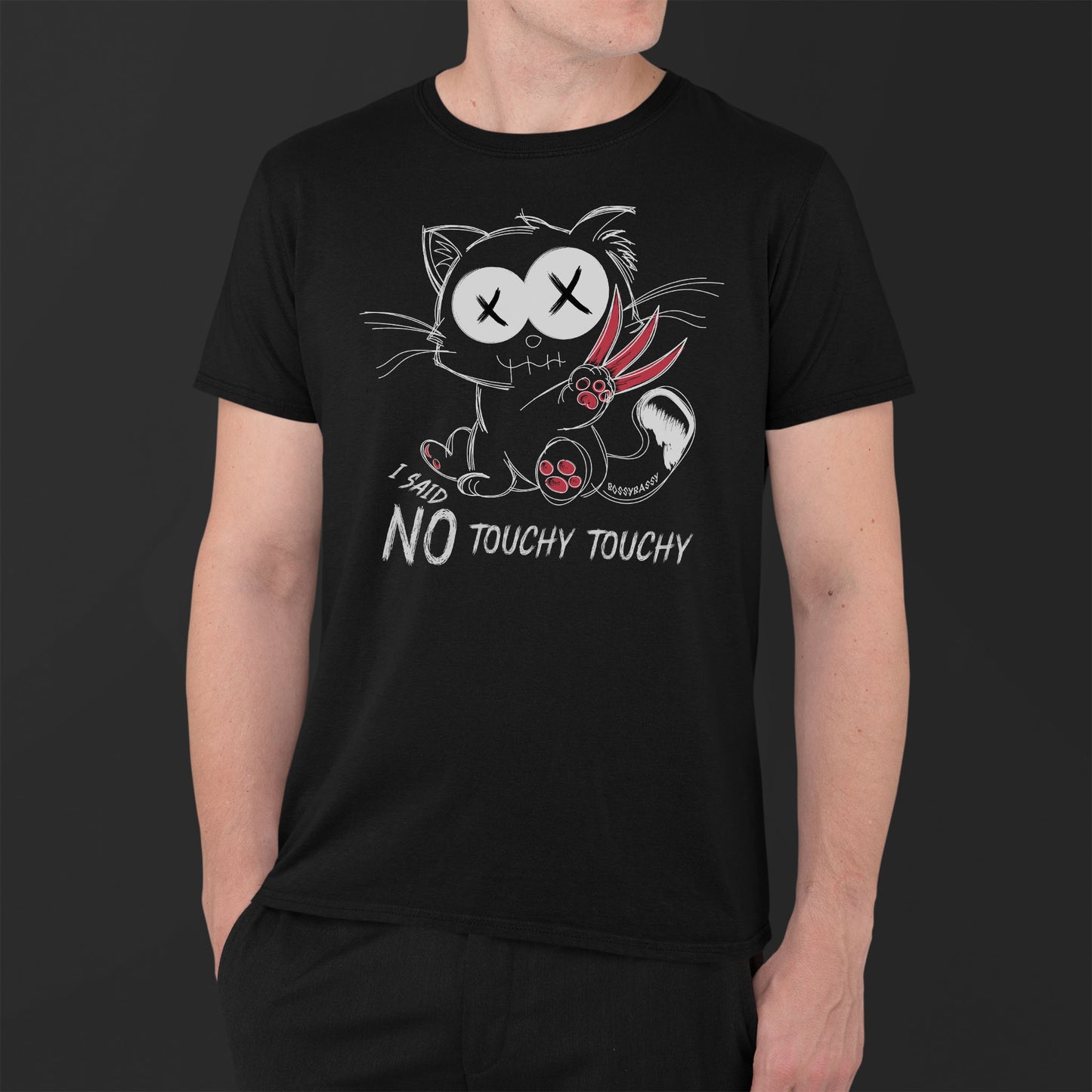 man wearing a black unisex tshirt features an illustration of an angry emo cat with the phrase I said no touchy touchy