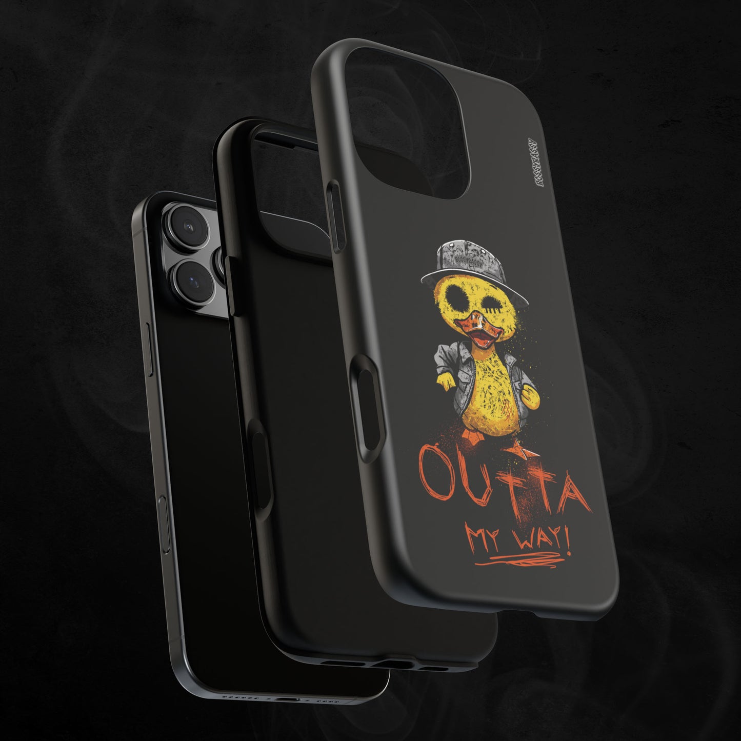 phone_case_matte_layer_features_a_hand_drawn_illustration_of_a_rude_duck_with_the_phrase_outta_my_way
