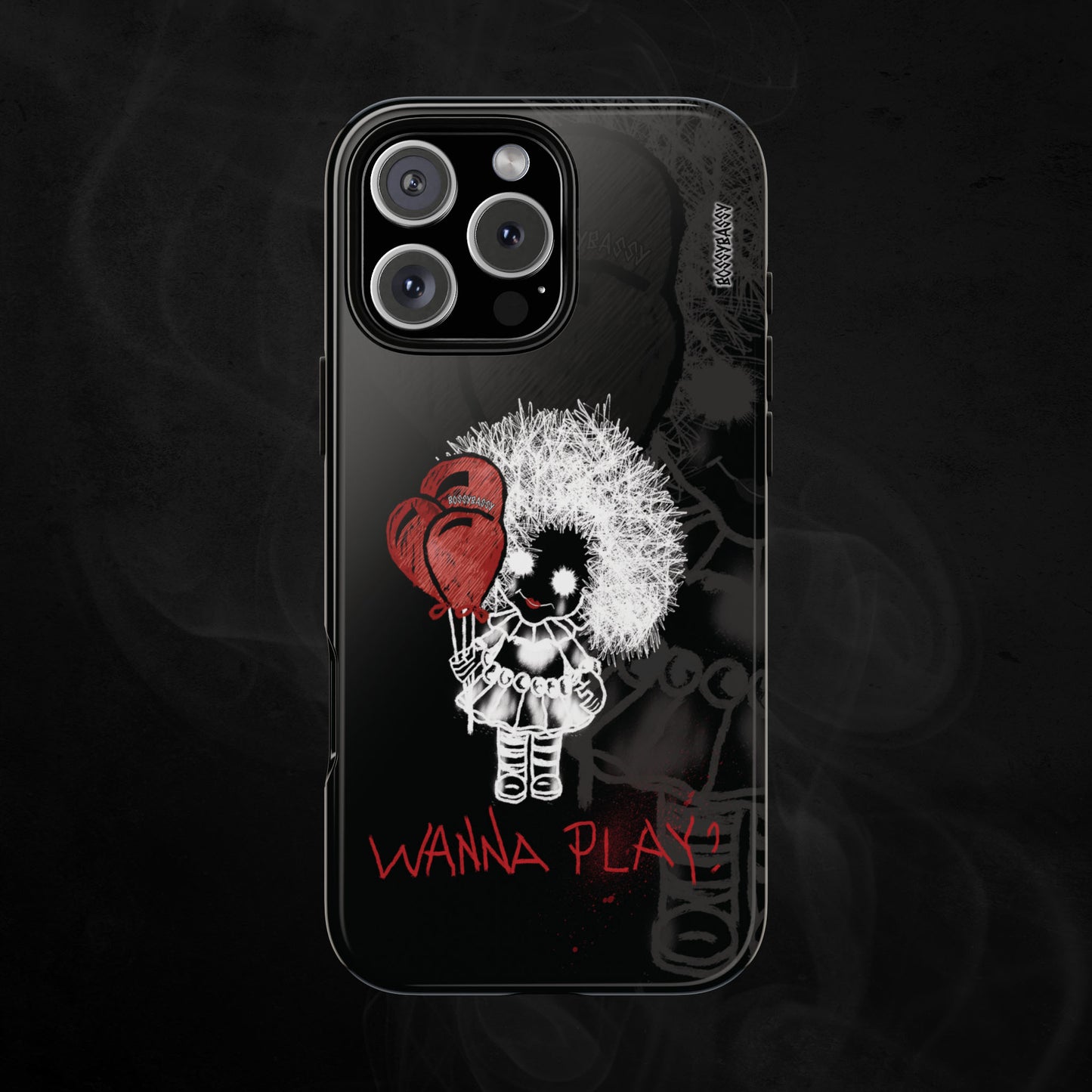 phone case glossy features a hand-drawn illustration of a spooky girl with red balloons and the phrase wanna play