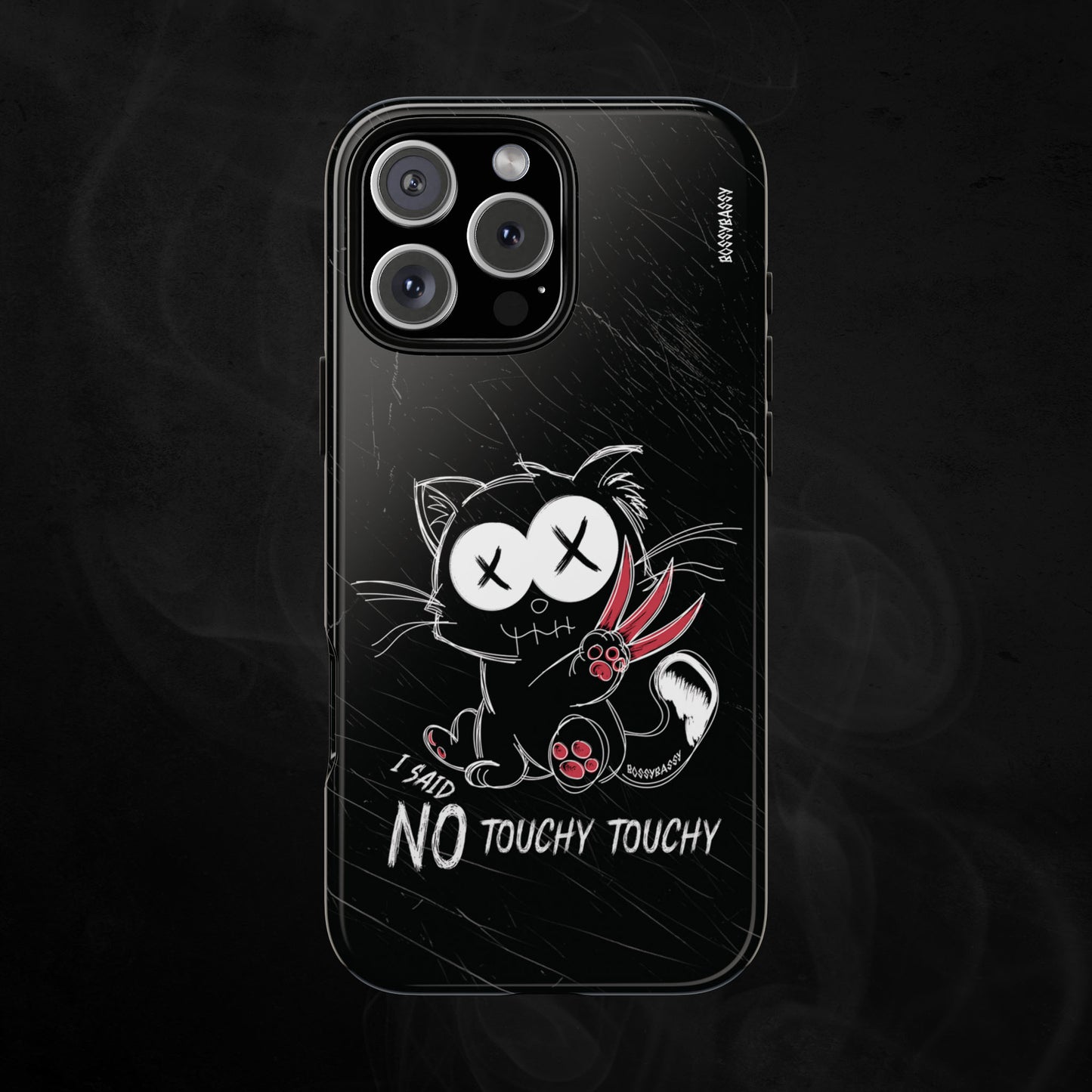 phone case glossy features an illustration of an angry emo cat with the phrase I said no touchy touchy