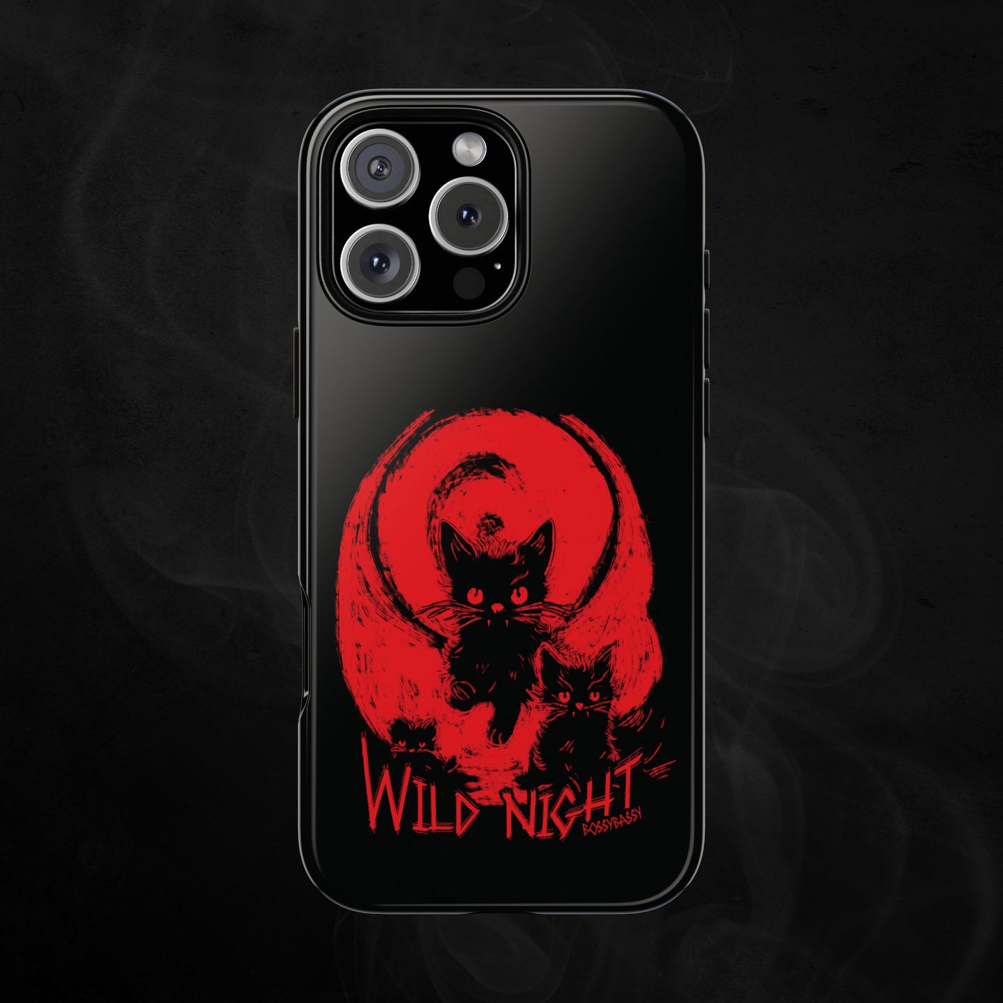 phone case glossy features an illustration of black cats with a red background and the text wild nights