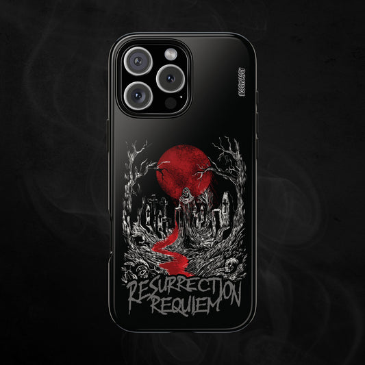 phone case glossy features an illustration in a graveyard at nightime with a full moon and the text resurrection requiem