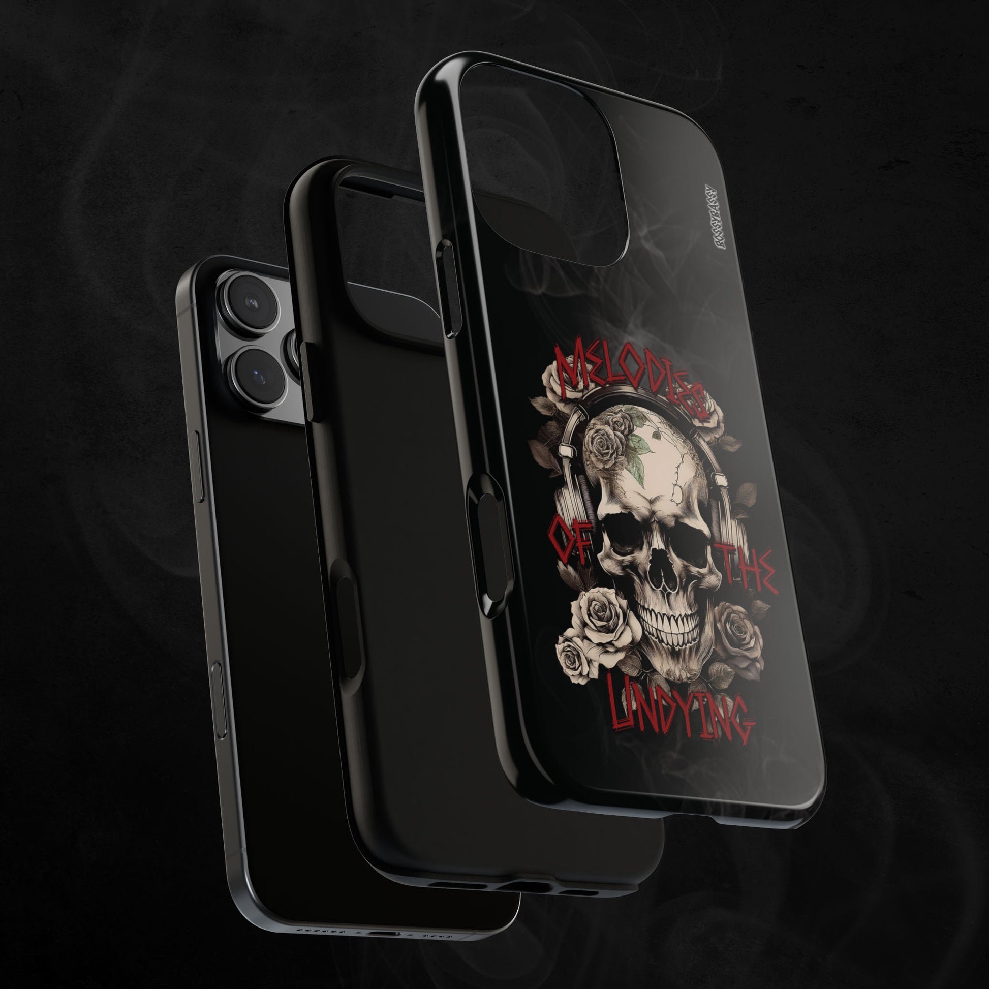 phone case glossy layer features an illustration of a vintage skull skeleton with roses and the text 'Melodies of the Undying
