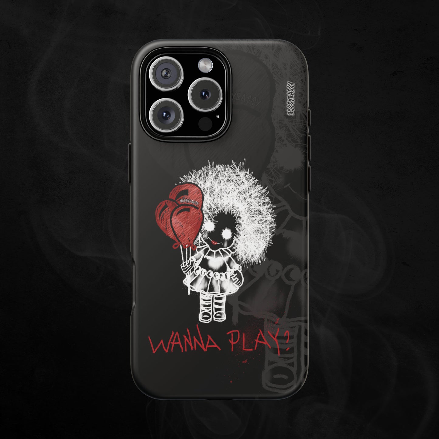 phone case matte features a hand-drawn illustration of a spooky girl with red balloons and the phrase wanna play