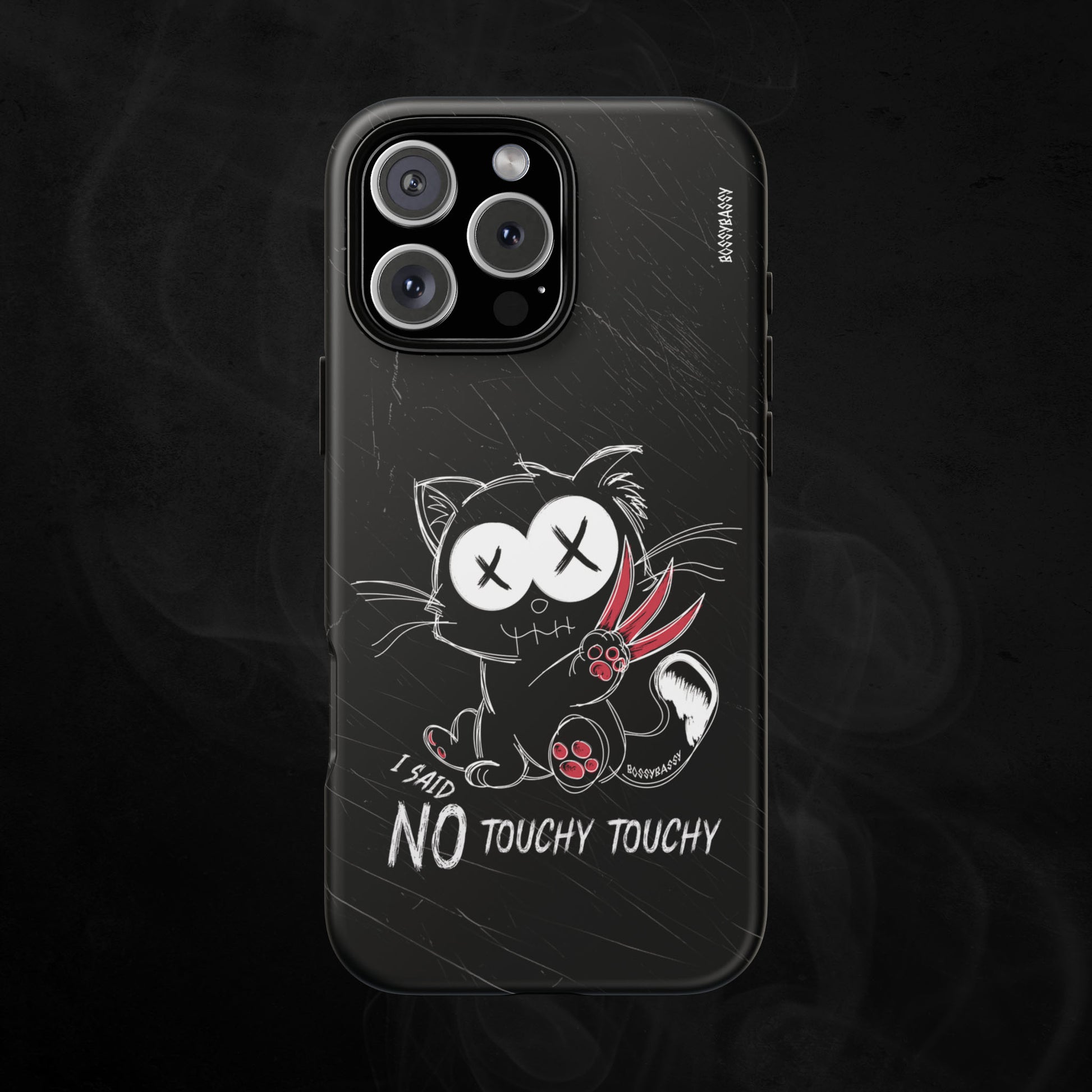 phone case matte features an illustration of an angry emo cat with the phrase I said no touchy touchy