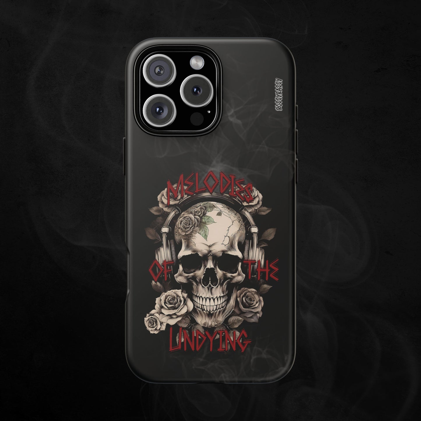 phone case matte features an illustration of a vintage skull skeleton with roses and the text 'Melodies of the Undying