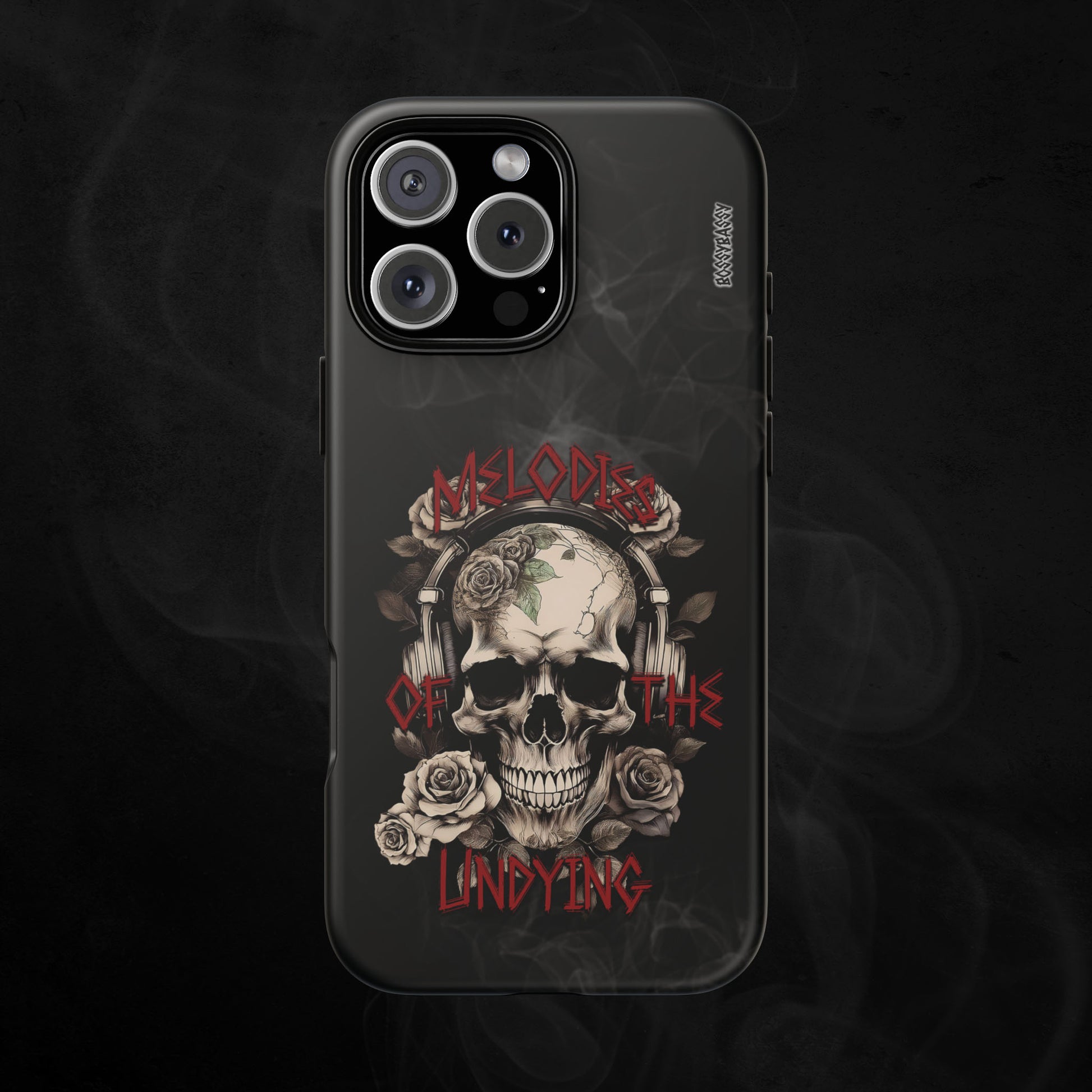 phone case matte features an illustration of a vintage skull skeleton with roses and the text 'Melodies of the Undying
