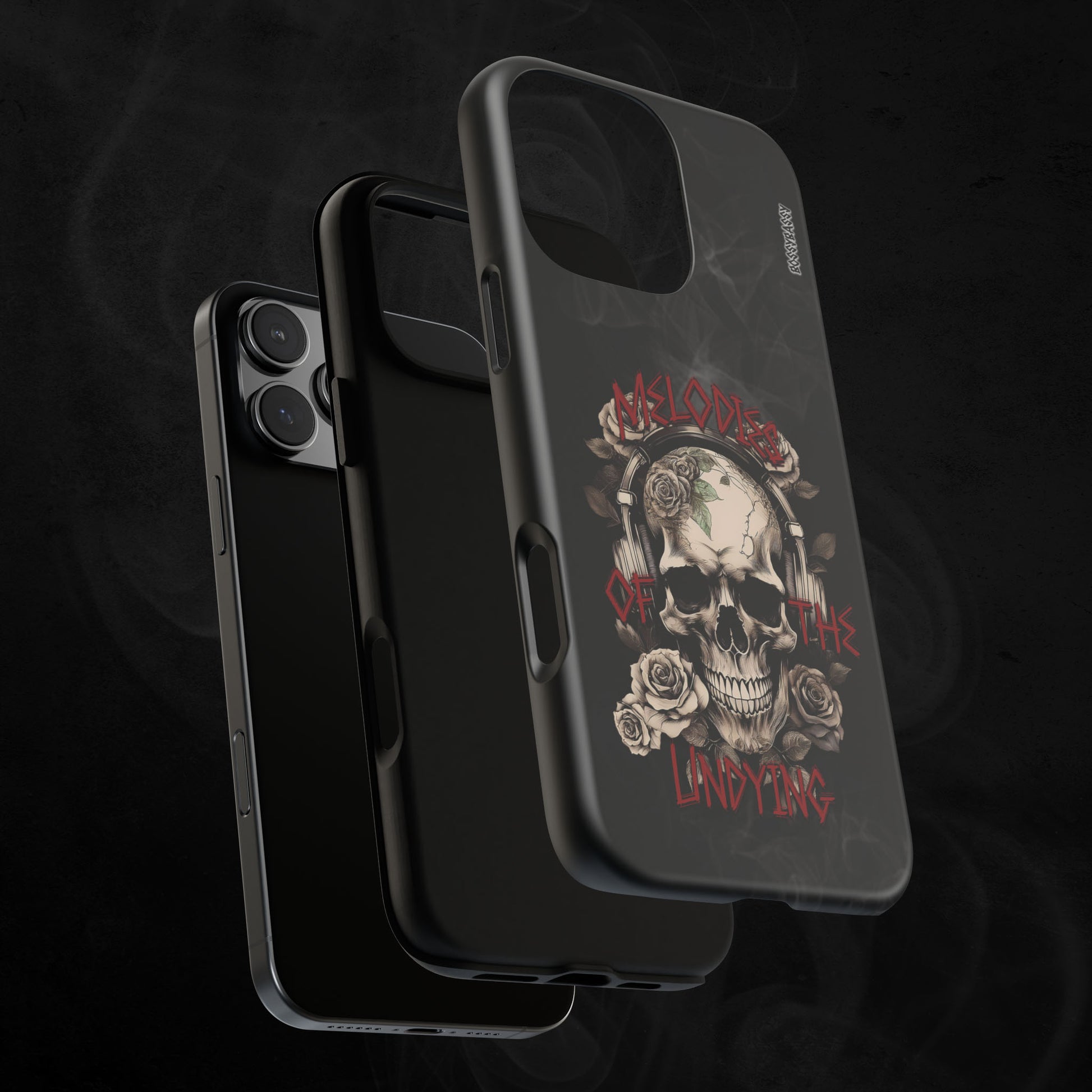 phone case matte layer features an illustration of a vintage skull skeleton with roses and the text 'Melodies of the Undying