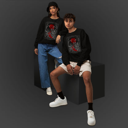 Young Couple Wearing a Black Sweatshirt With White Graveyard And Red Moon Illustration  Design With Text Resurrection Requiem