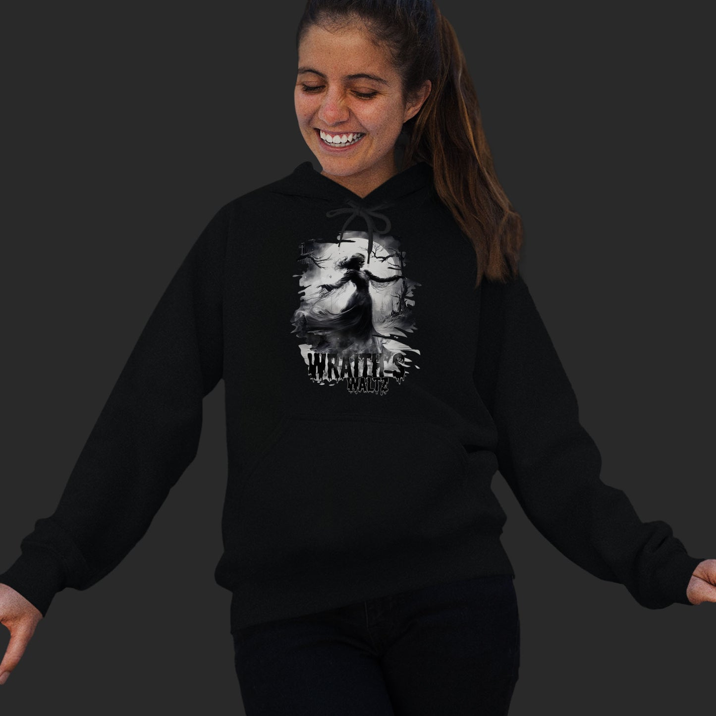 woman-wearing-a-black-hoodie-with-gothic-dancing-skeleton-design-and-text-wraiths-waltz