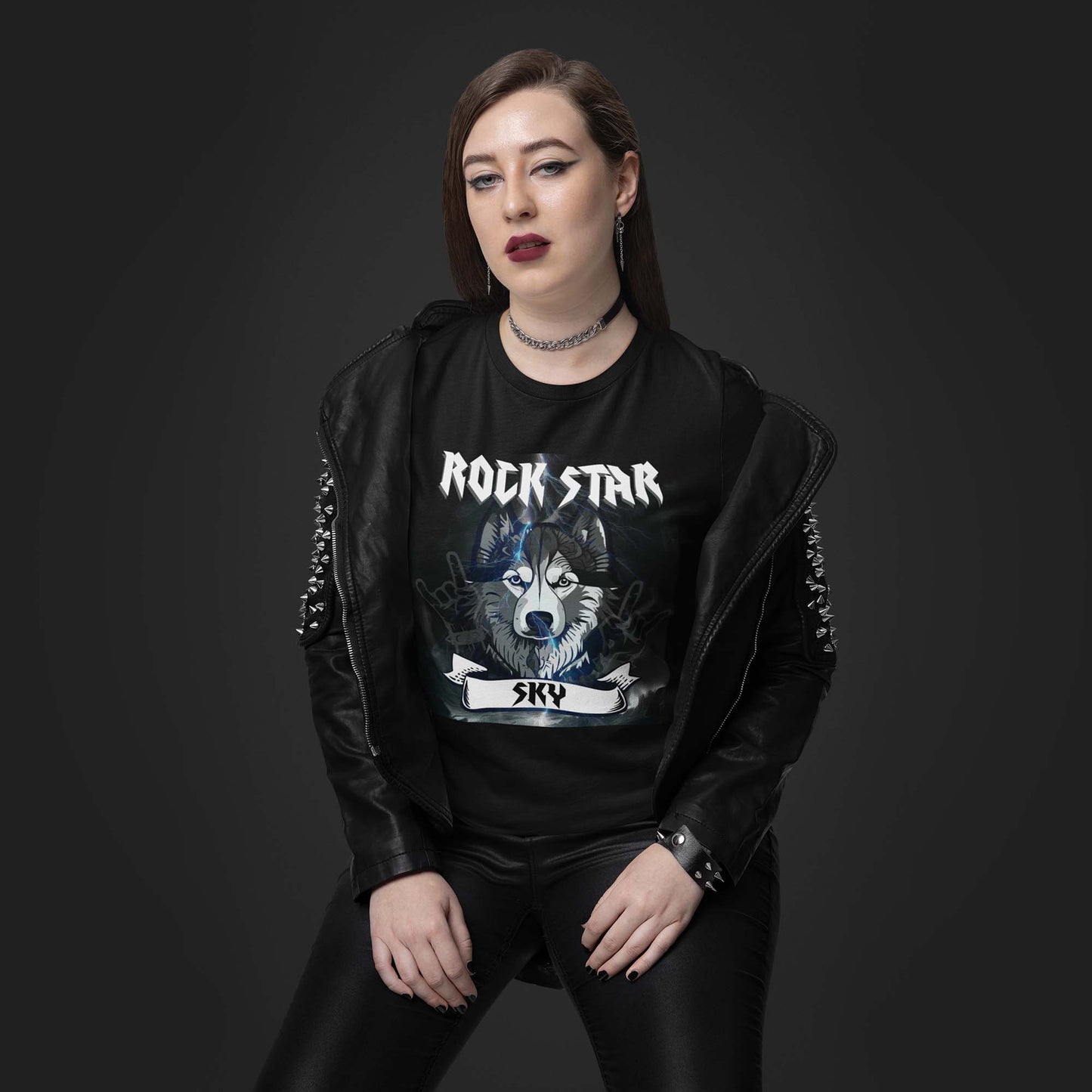 Dog Rock Star Design with Personalized Name Women's Fit Black T-shirt