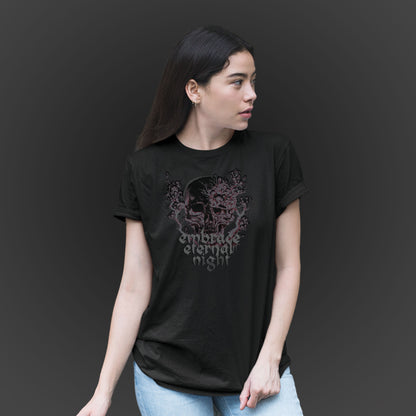 woman-wearing-a-black-unisex-tshirt-with-gothic-pink-and-black-skull-print-and-text-embrace-eternal-night