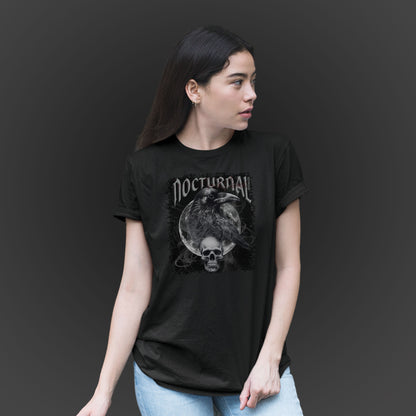 woman-wearing-a-black-unisex-tshirt-with-raven-moon-and-skull-surrounded-by-smoke-with-text-nocturnal