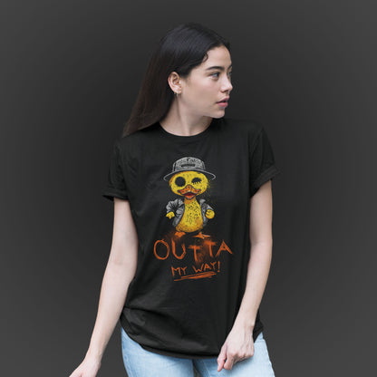 woman wearing a black t-shirt features a hand drawn illustration of a rude duck with the phrase outta my way
