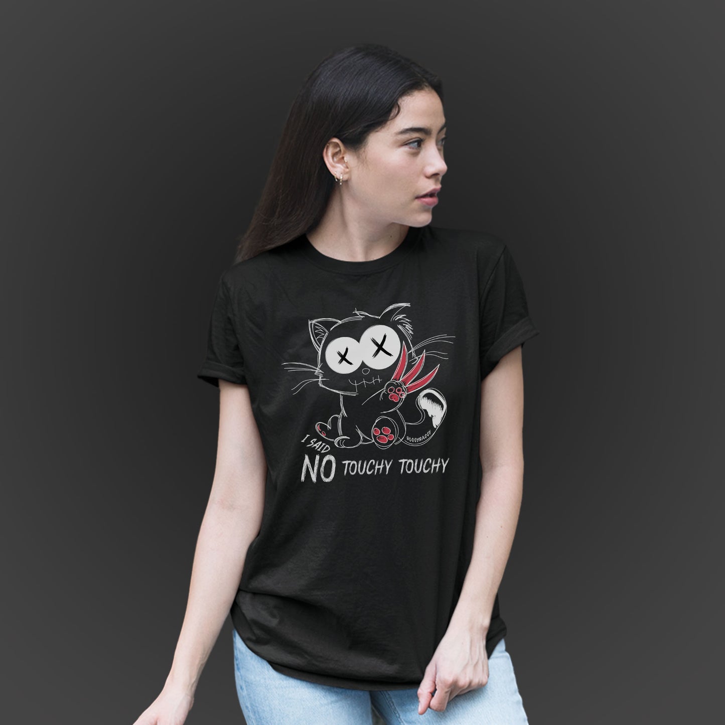 woman wearing a black unisex tshirt features an illustration of an angry emo cat with the phrase I said no touchy touchy