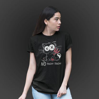 woman wearing a black unisex tshirt features an illustration of an angry emo cat with the phrase I said no touchy touchy