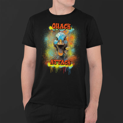 younger man wearing a black unisex tshirt with a crazy duck and text quack attack with graffiti design