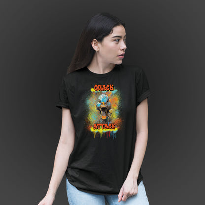 younger woman wearing a black unisex tshirt with a crazy duck and text quack attack with graffiti design